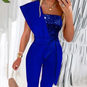 New Solid Color Sleeveless Belt Decorative Slim-fitting Patchwork Sequin Women's Trousers (Option: S-Blue)