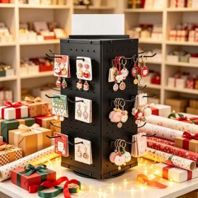 7.4 x 7.4 x 17 in Rotating Pegboard Display Stand, 4-Sided Spinning Retail Organizer with 24 Hooks for Grocery & Jewelry Shop (Option: Default title)
