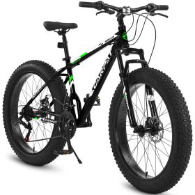 S26109 Elecony 26 Inch Fat Tire Bike Adult&Youth Full Shimano 21 Speed Mountain Bike, Dual Disc Brake, High-Carbon Steel Frame, Front Suspension, (Option: BLACKGREEN)