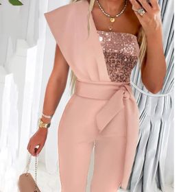 New Solid Color Sleeveless Belt Decorative Slim-fitting Patchwork Sequin Women's Trousers (Option: 2XL-Pink)